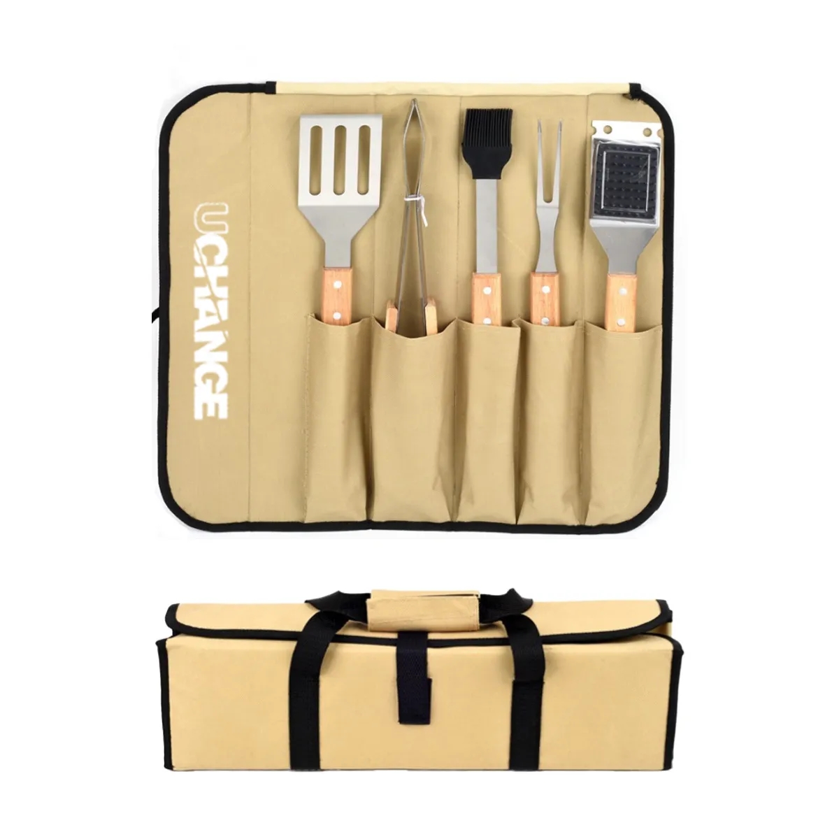 5-Piece BBQ Grill Tool Set With Wooden Handles 7