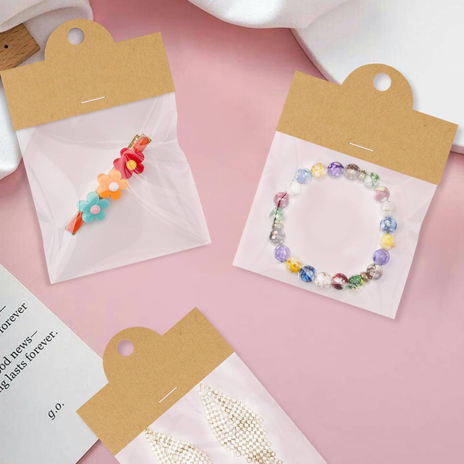 100pcs Kraft Paper Card Clear Plastic Jewelry Packaging Bag 5