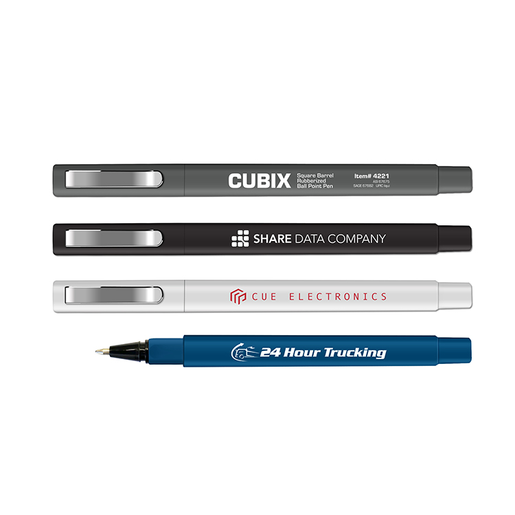 CUBIX - Square Barrel Rubberized Cap Off Ball Point Pen with Metal Clip