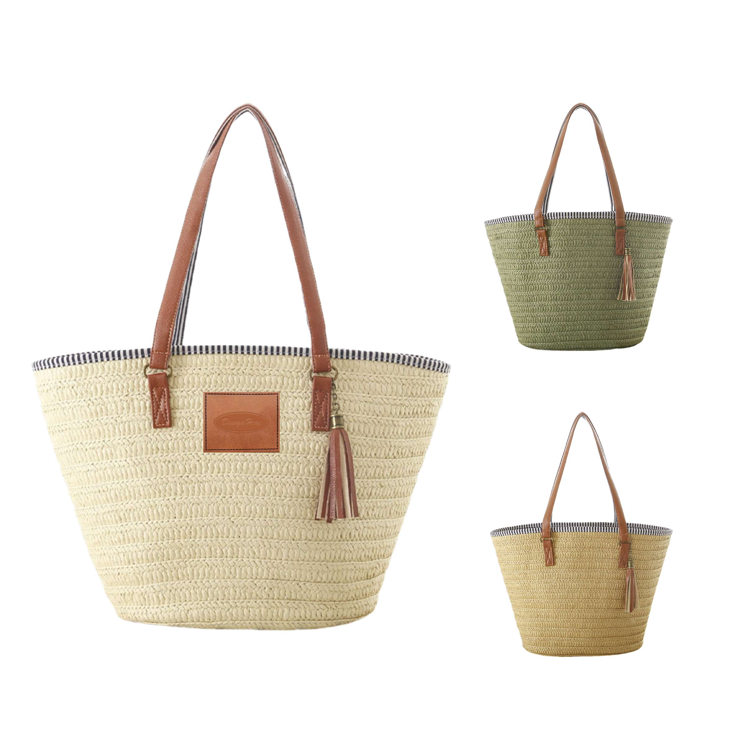 Stylish Paper Rope Handbag with Faux Leather Straps, custom tote bag with logo imprint 2
