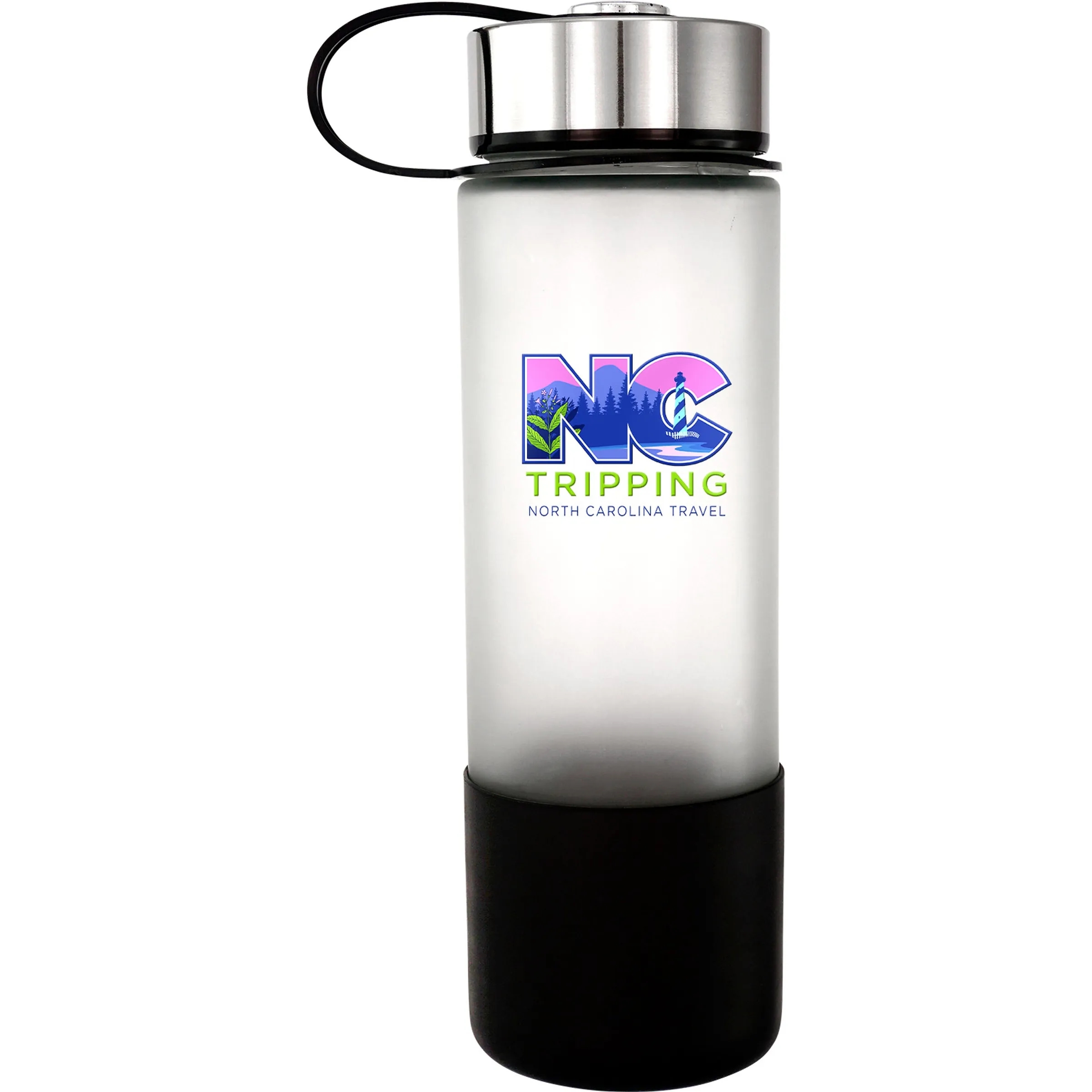 Metal Lanyard Lid 22oz. Full Color Frosted Glass Grip Bottle 8