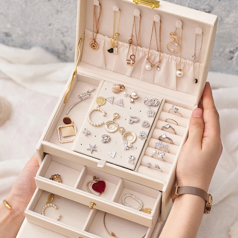 Custom 3-Layer PU Jewelry Organizer Box with Drawer & Handle 15