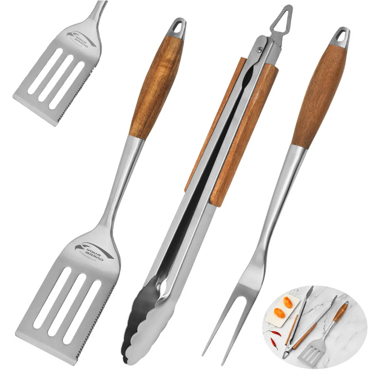 3-Piece BBQ Grilling Tool Set Stainless Steel Tongs Spatula 3