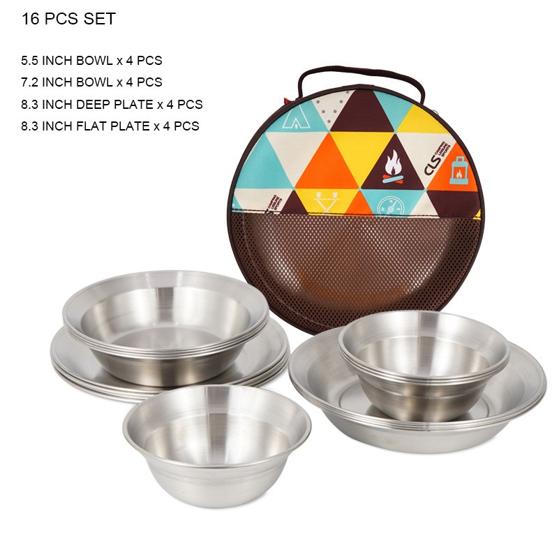 Camping Set 16 Pcs Stainless Steel Plates and Bowls 3
