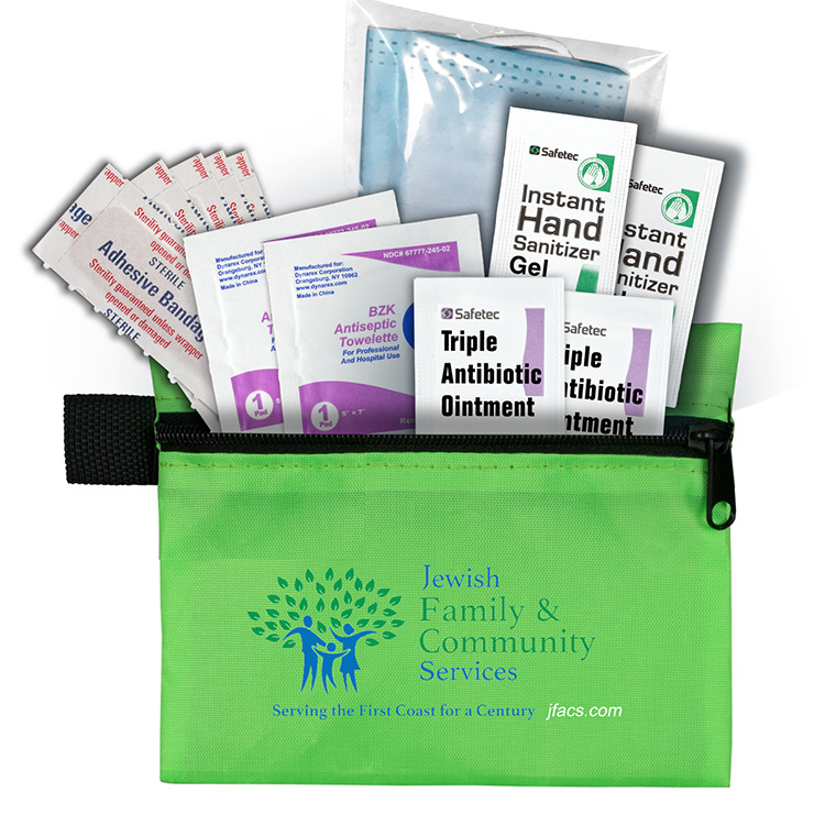 Bixby Plus San" 13 Piece Mask & Sanitizing Safety Kit inserted into Zipper Pack 9