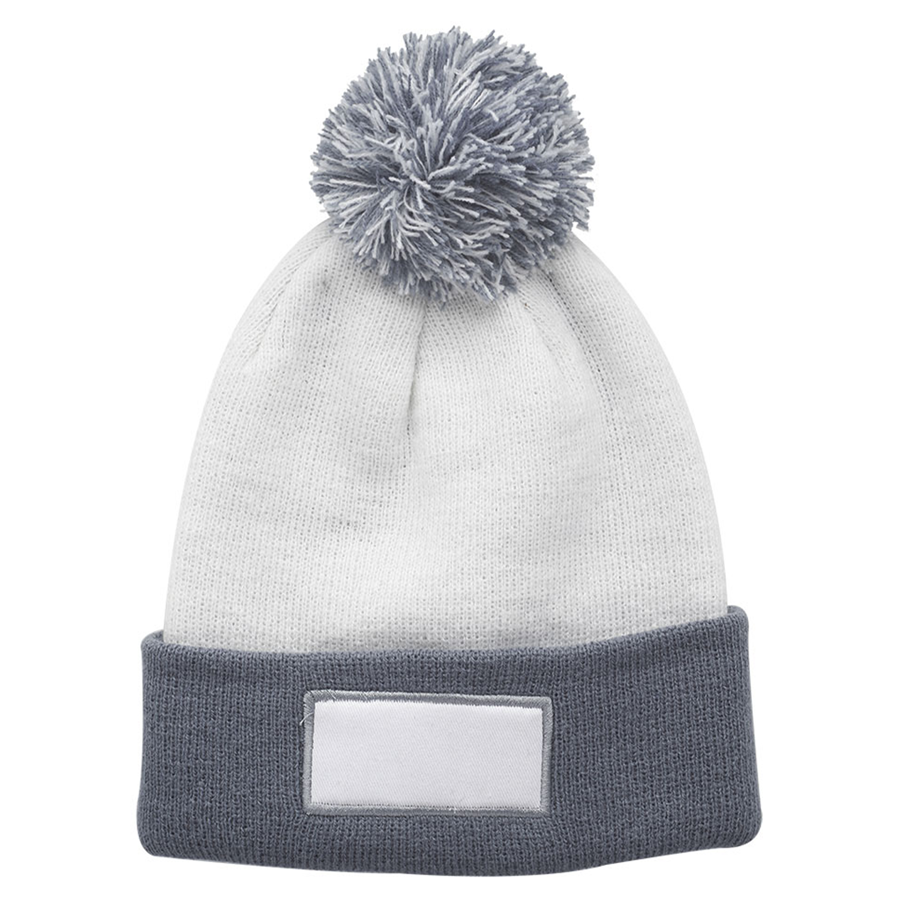 Cuffed Two-Tone Pompom Knit Hat with Patch 5