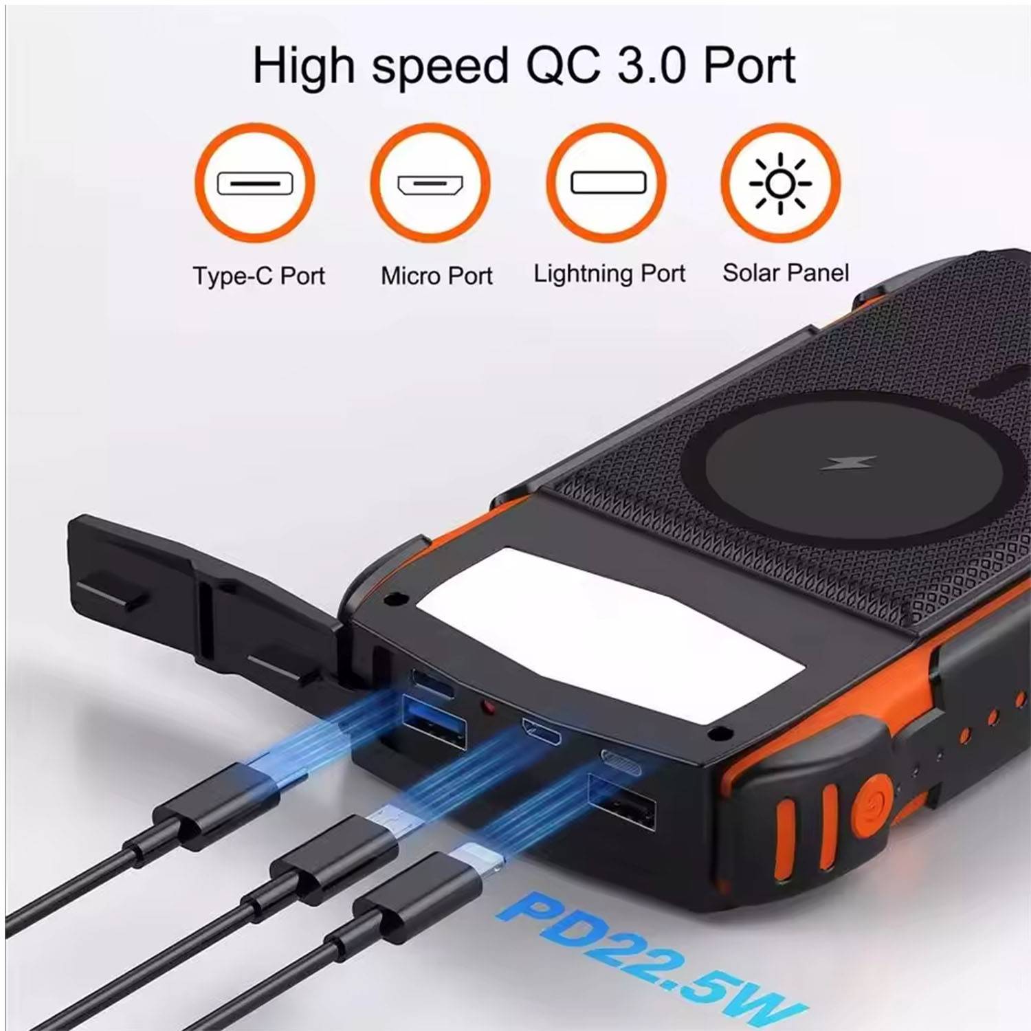 10000mAh Wireless Solar Power Bank W/ Flashlight 4