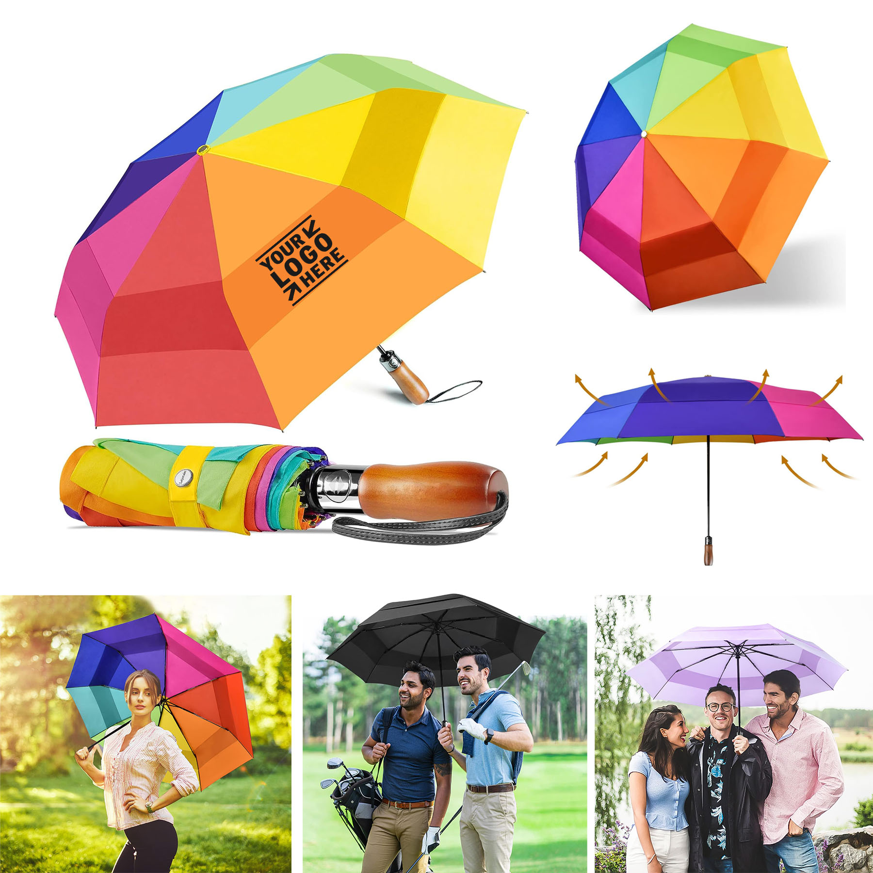 Travel Windproof  Oversized Auto Open Close Folding Large Compact Golf Umbrella