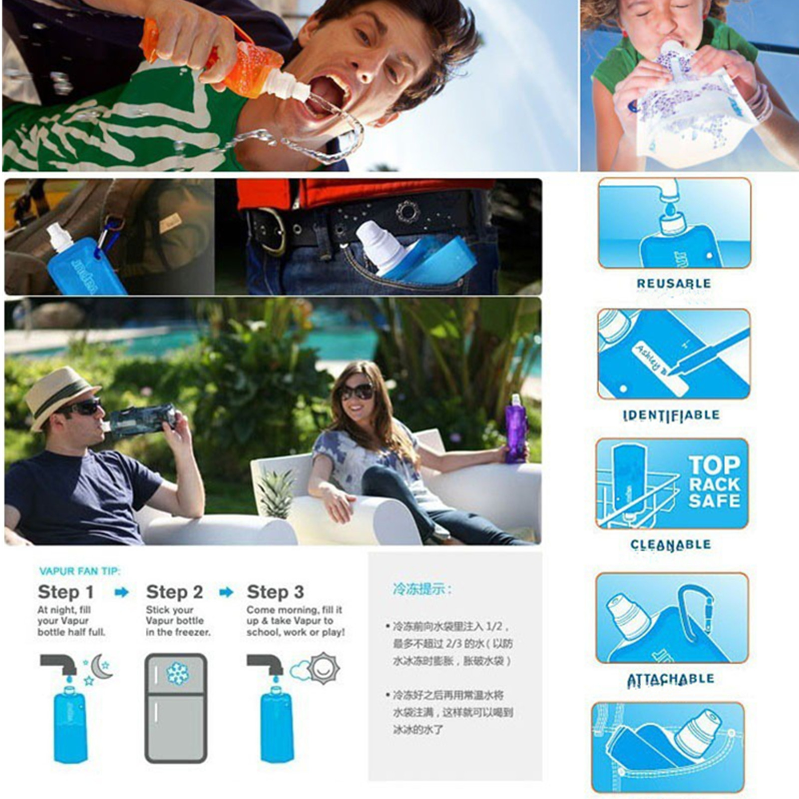 Reusable Collapsible Roll Up Lightweight Portable Travel Water Bottle Pouch 2