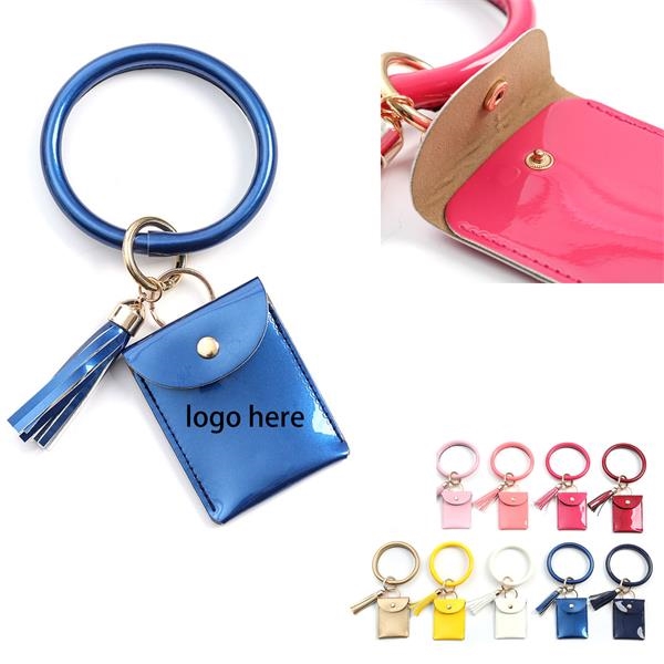 PU Leather Tassel Bracelet ID Credit Cards Holder Keychain 1