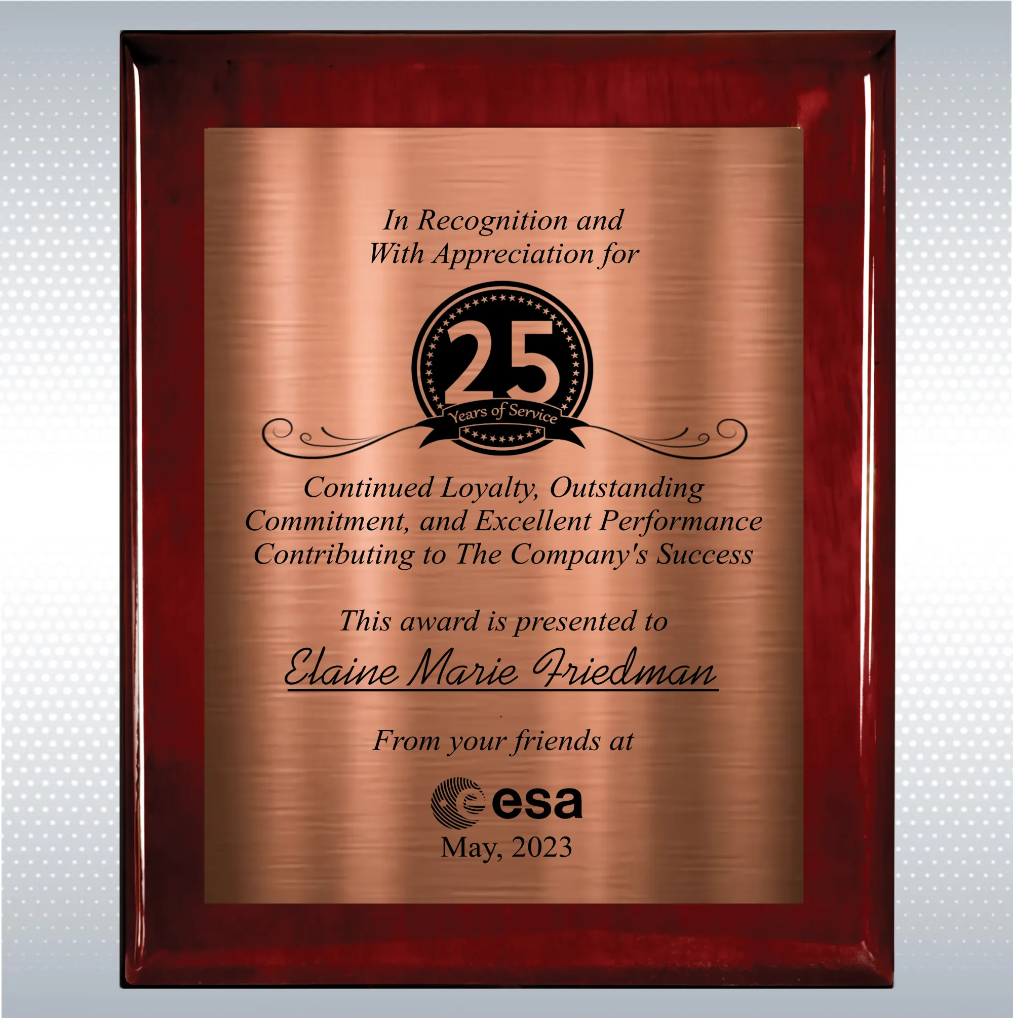 Rosewood Piano Finish Wood Plaque  Years of Service Award 19