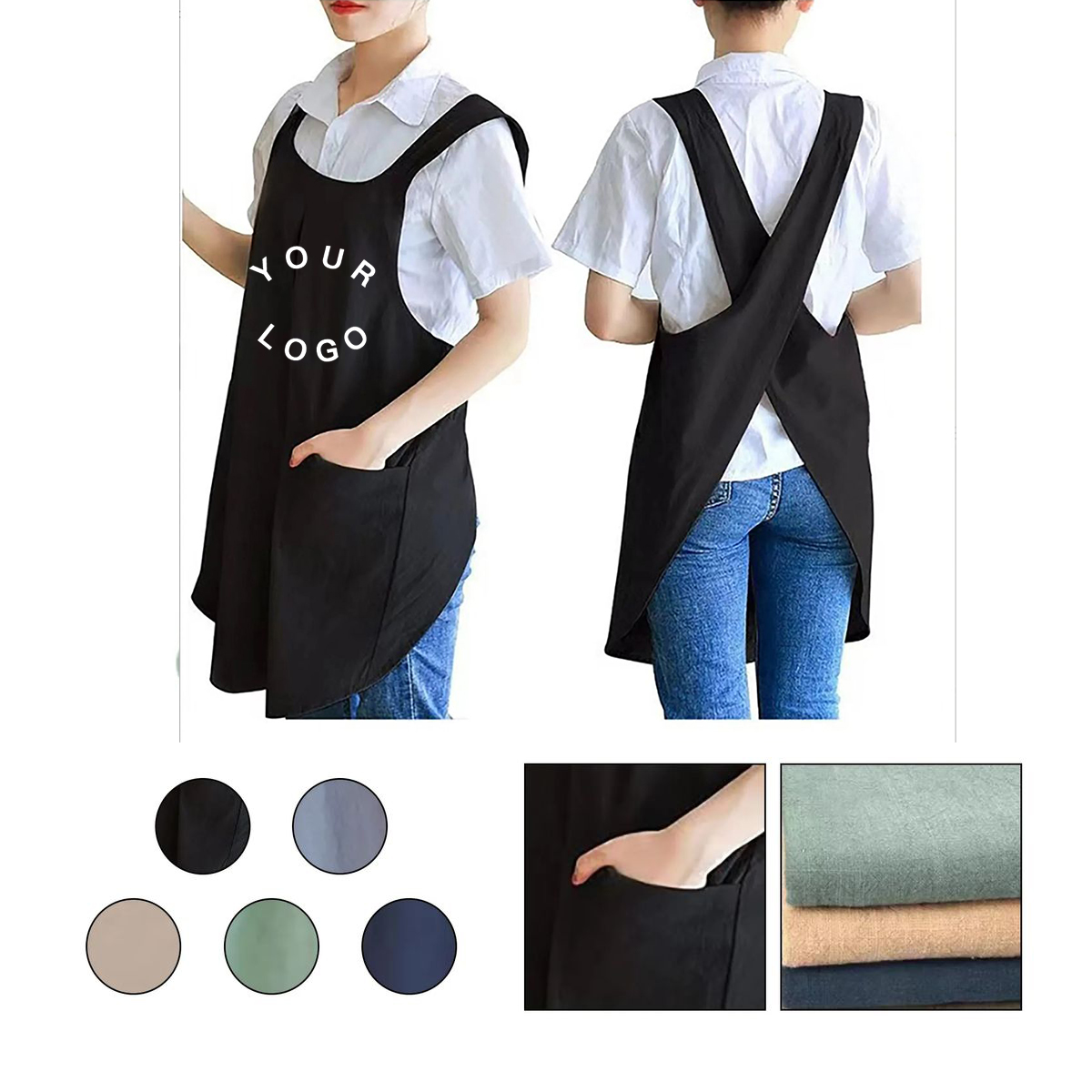Cotton Linen Apron with Cross Back Design and Pockets 2