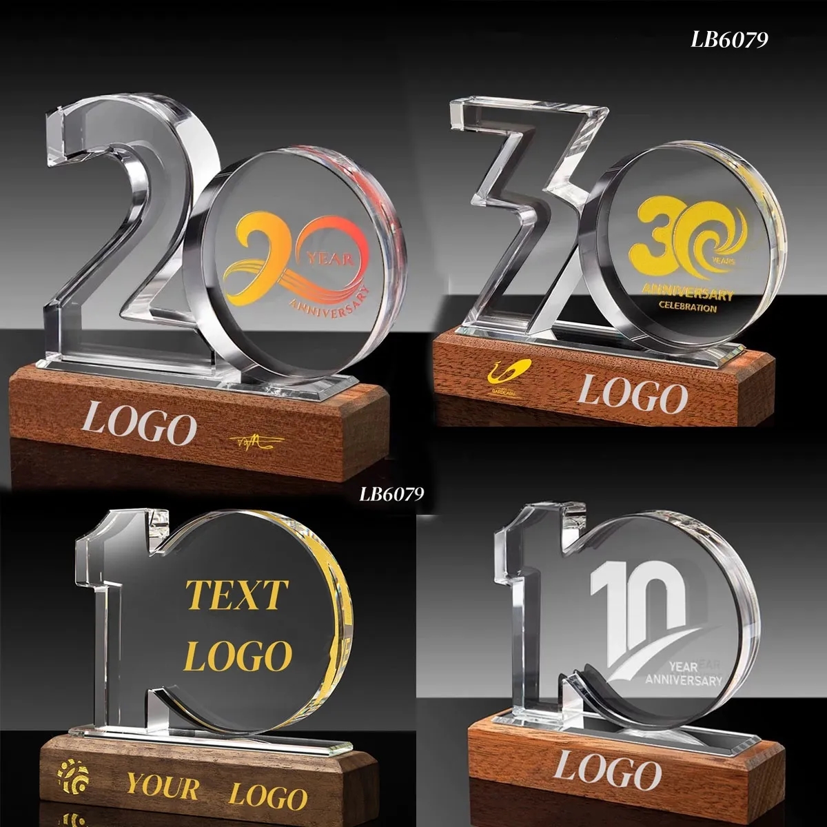 Personalized Work Anniversary Crystal Awards with Wood Base 4