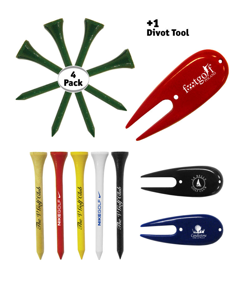 Golf Tee Pack - 4 x Wooden Golf Tees & 1 Divot Repair Tool Packed In A Poly Bag 1