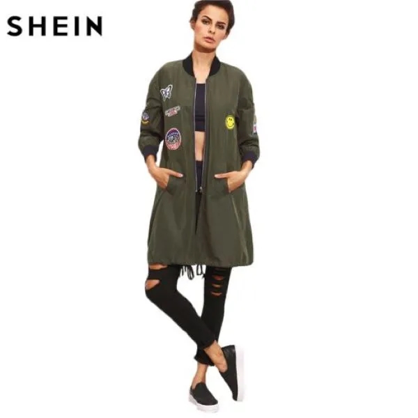 Army Green Mesh Long Casual Jacket with PU Leather Patch 3