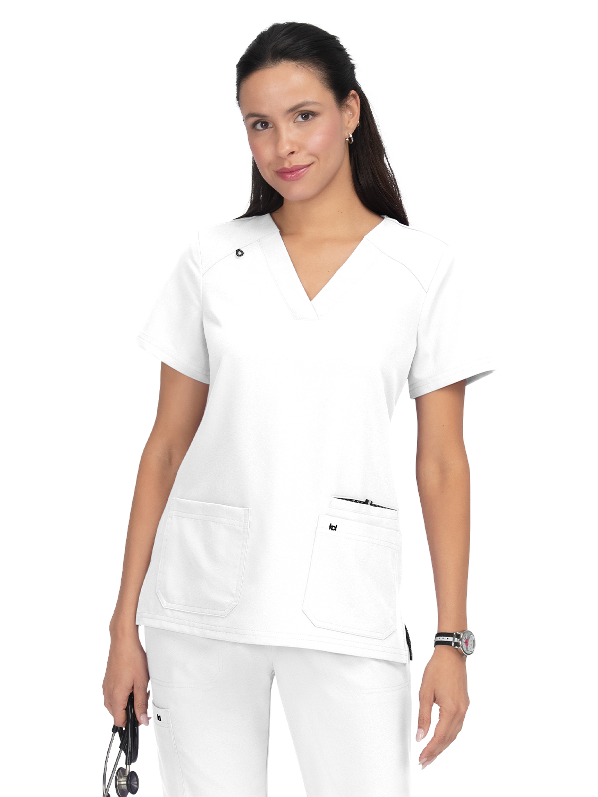 koi - Next Gen - Women's Three-Pocket Wide V-Neck Stretch Hustle and Heart Top 20