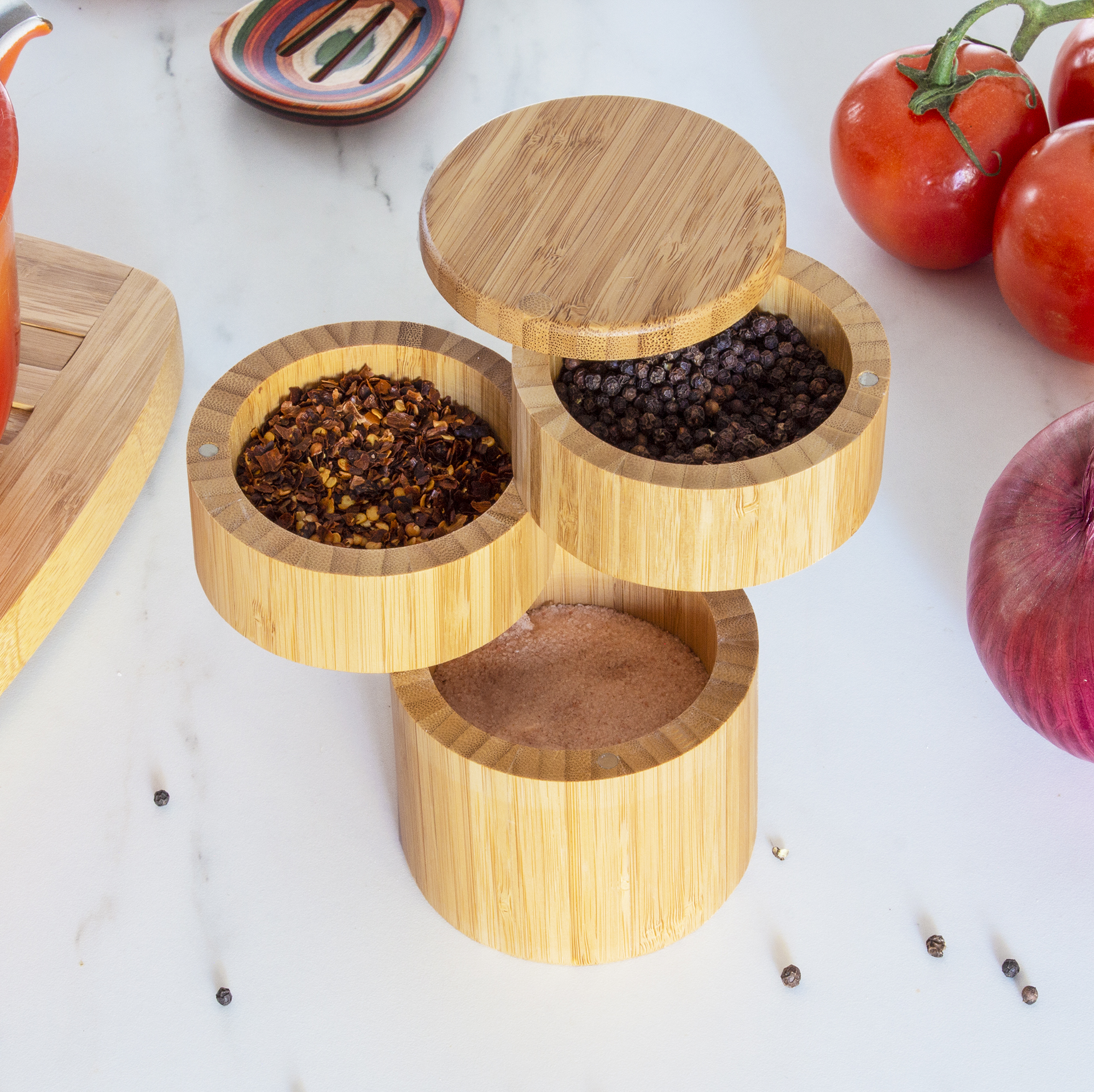 Tiered Triple Bamboo Salt Box with Magnetic Swivel Lids 6