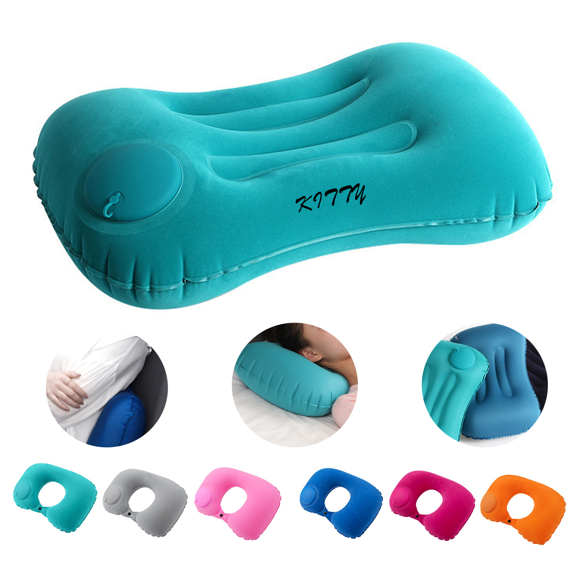 Press-to-Inflate Portable Flocked Square Pillow