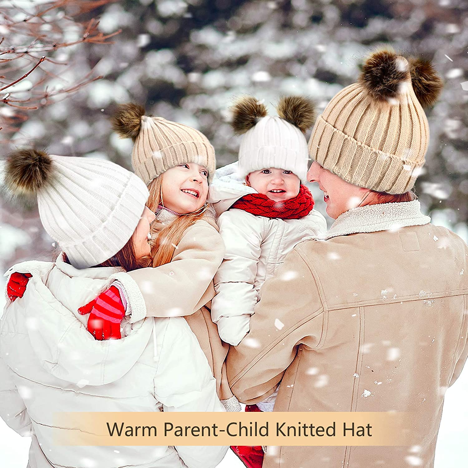 2PC Parent Kid Matching Beanie with Pom-pom 3