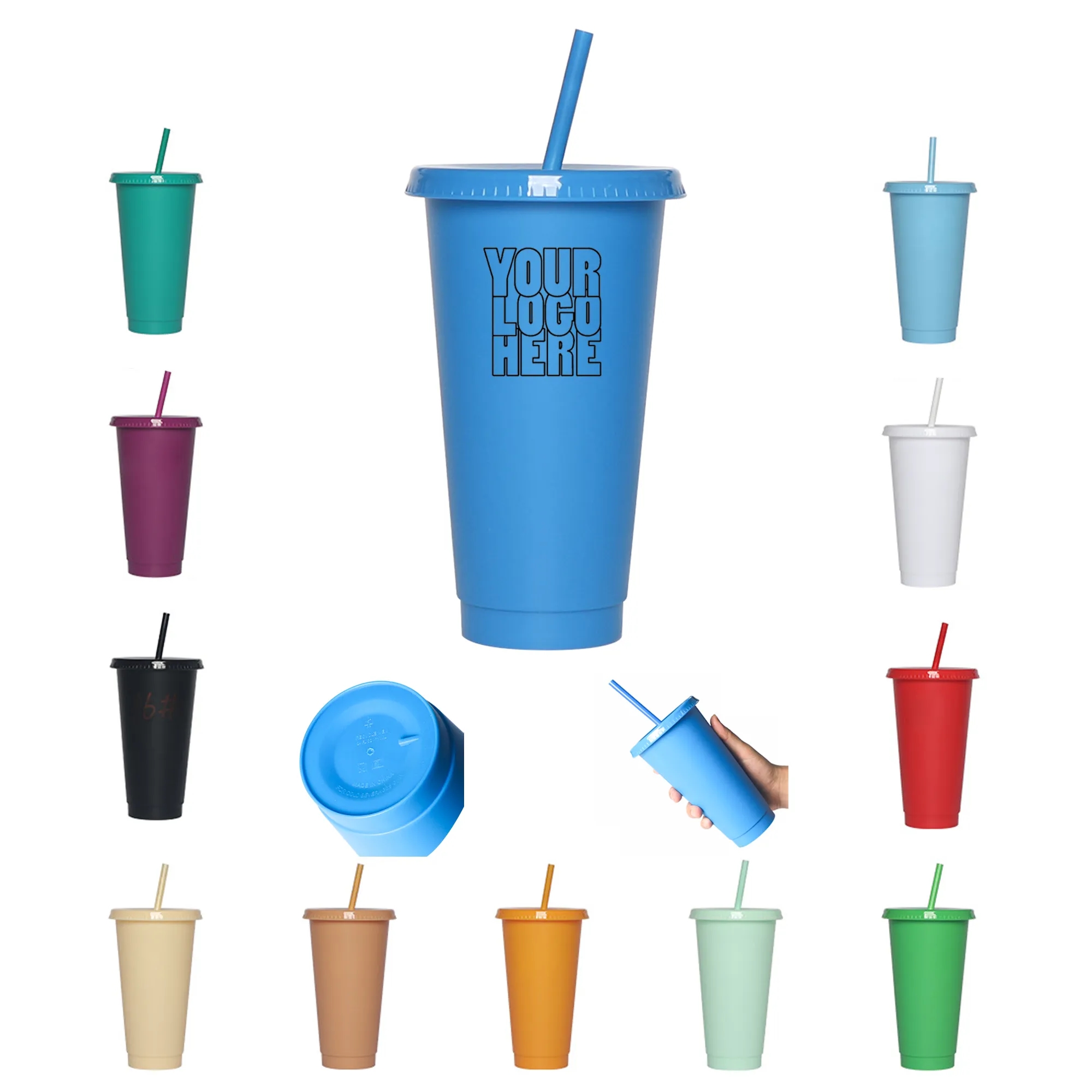 24 Oz Plastic Drinking Cup With Lid And Straw Reusable