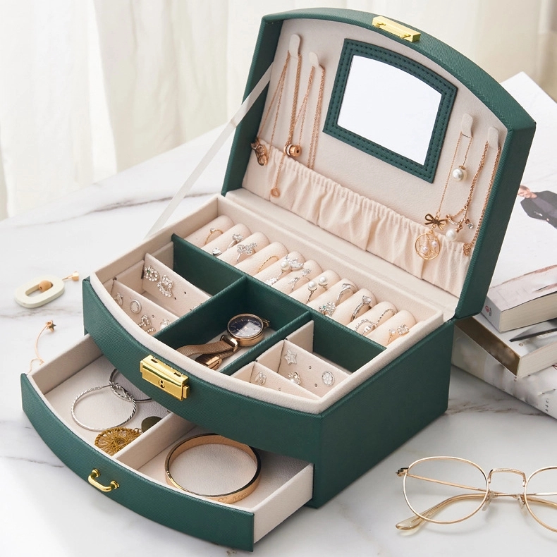 Custom 2-Layer PU Jewelry Organizer Box with Drawer & Mirror 13