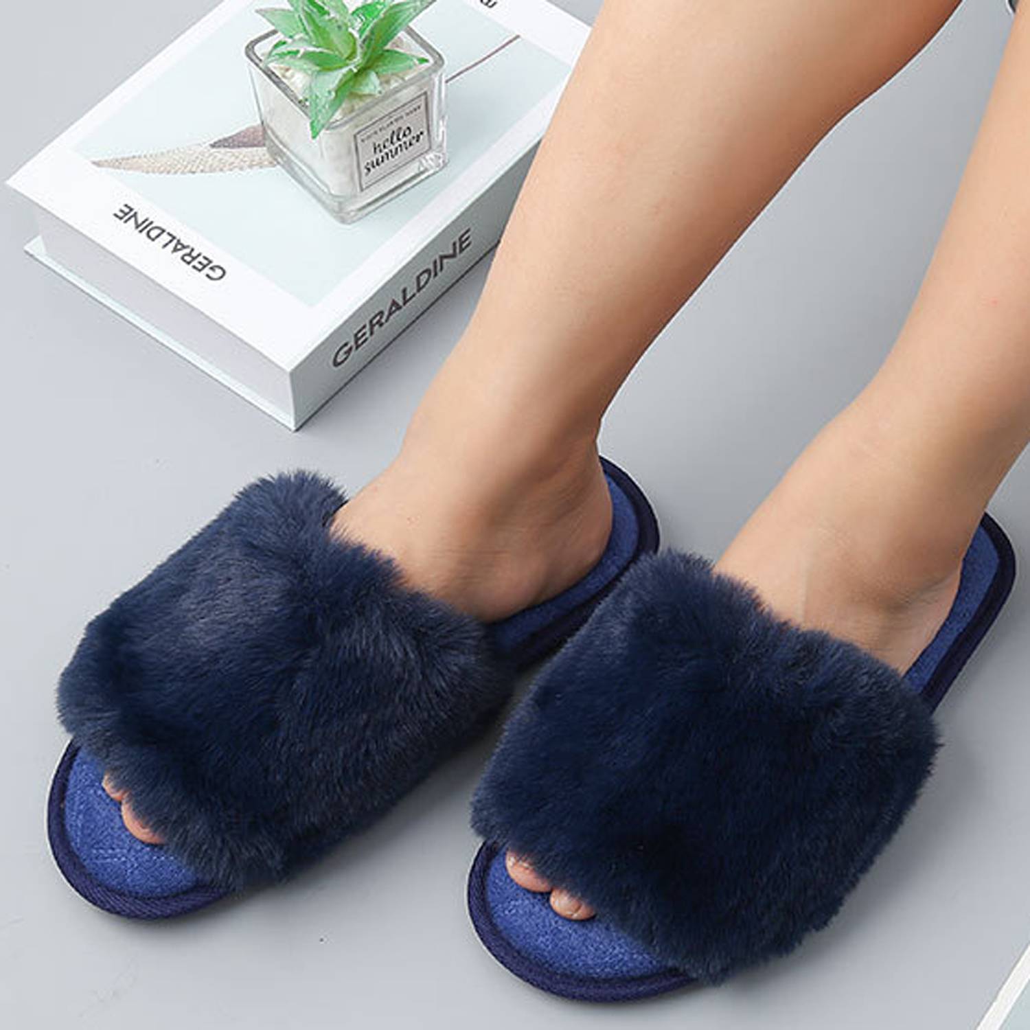 Women's Large Size Indoor Rabbit Fur Cotton Slippers 5