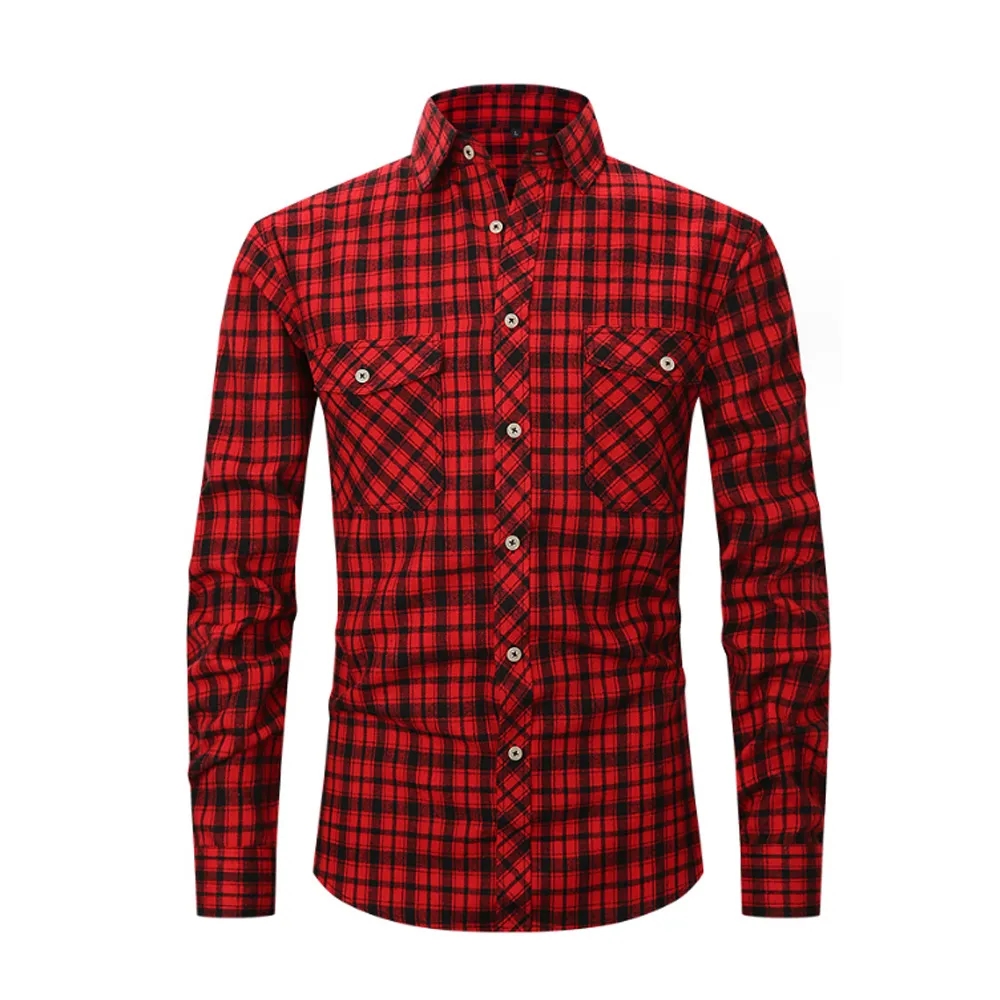 Brushed Plaid Shirt Long Sleeves Double Pockets 16