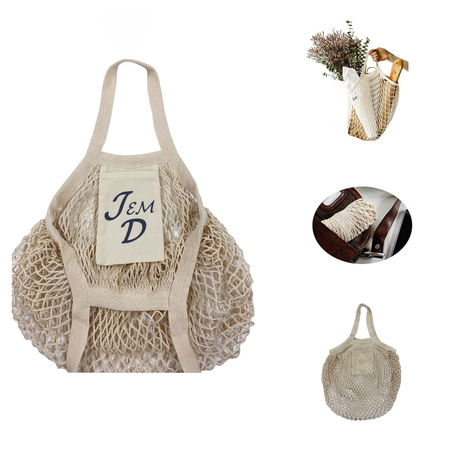 Organic Cotton Mesh Shopping Tote Bag w/ Zippered Pocket, custom tote bag with logo imprint 2