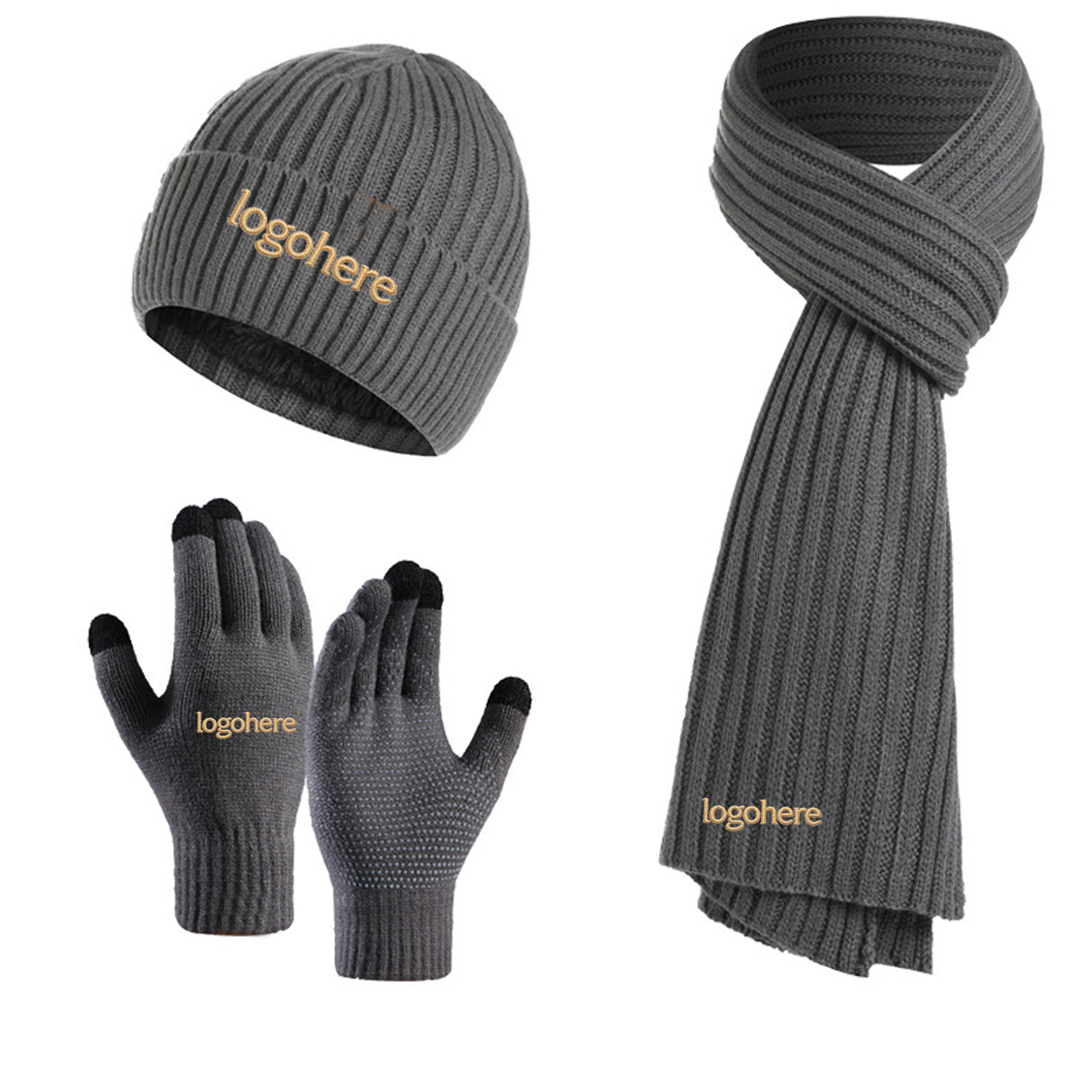 MOQ 10 Embroidered Cold Weather Combo, Beanie Scarf Touch Gloves 4