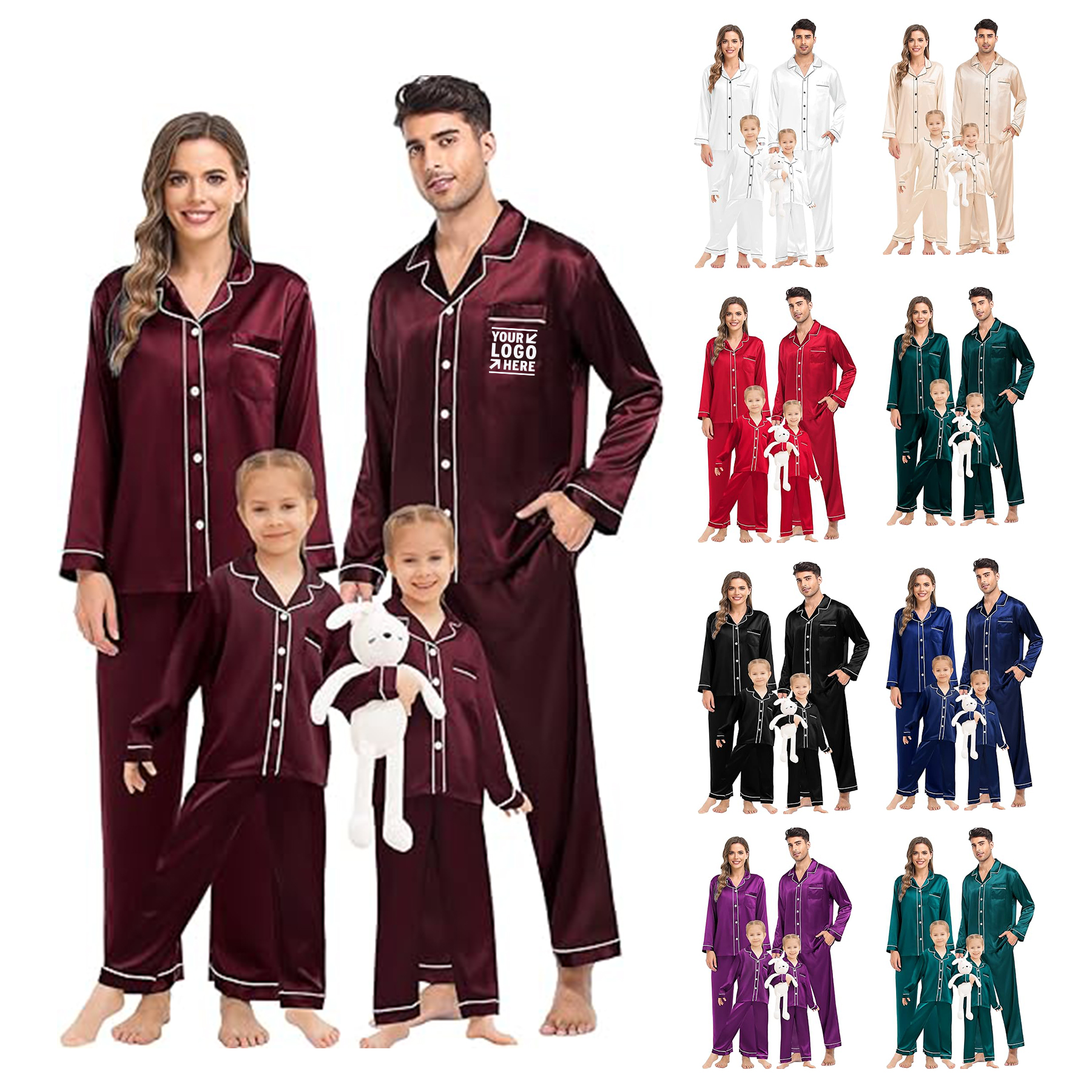 2 Pcs Set Family Matching Silk Satin Pajamas Button Down Sleepwear Long Sleeve Silky Nightwear   1