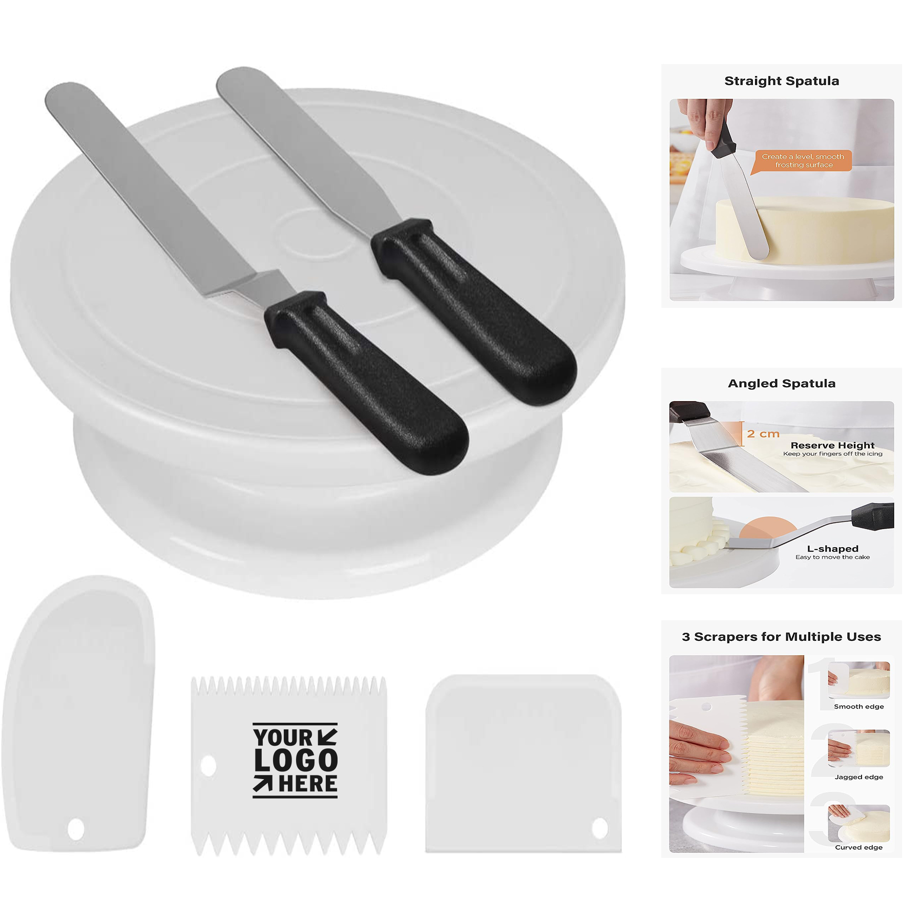 Cake Turntable with 2 Frosting Straight Angled Spatula 3 Icing Smoother Scrapers Baking Accessories