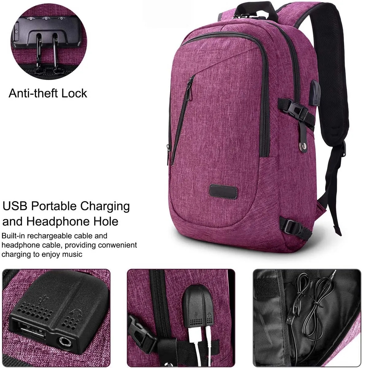 Large Capacity Anti-Theft Laptop Backpack w/ USB Port & Lock 6