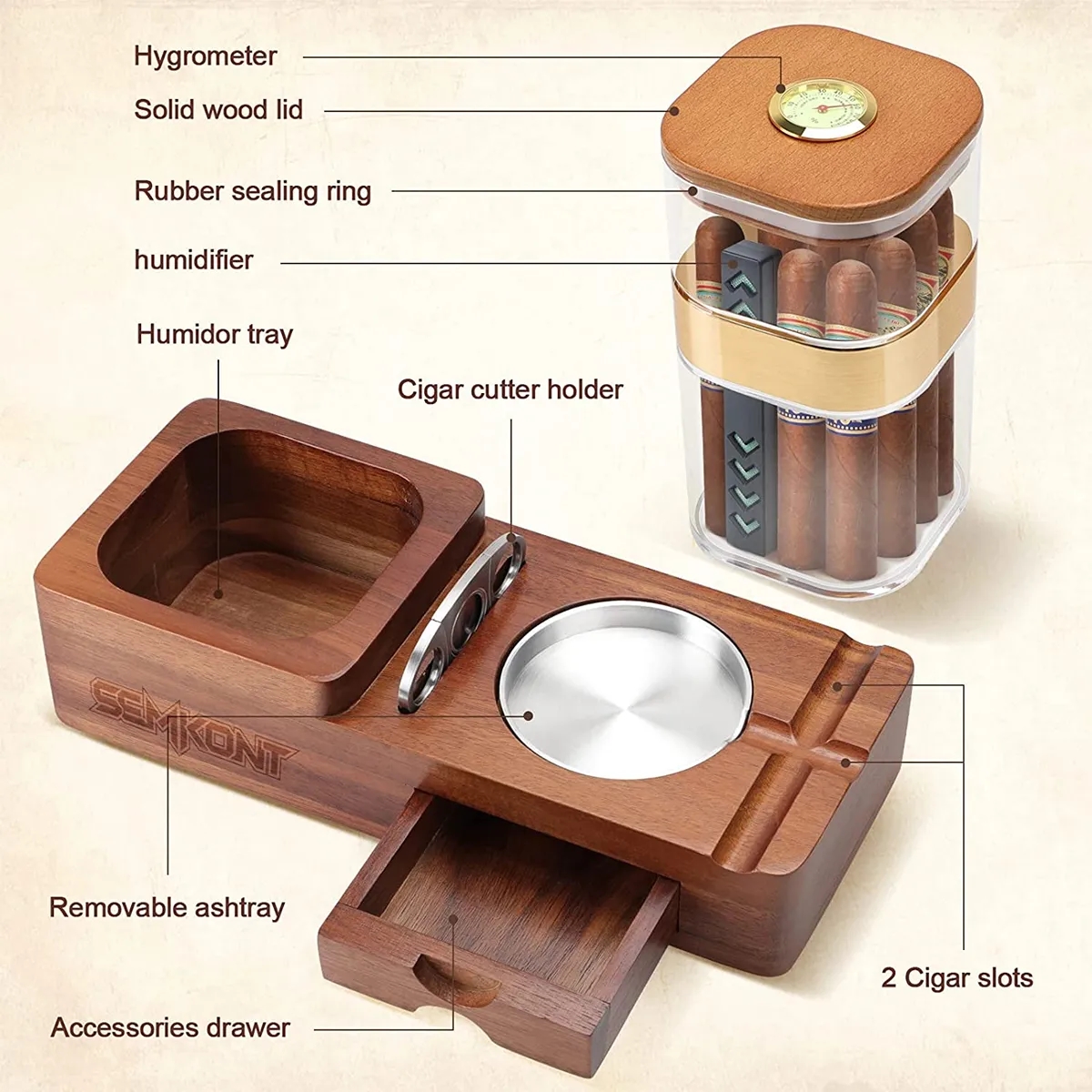 Wooden Cigar Case Humidor Ashtray Set With Cutter Office 4