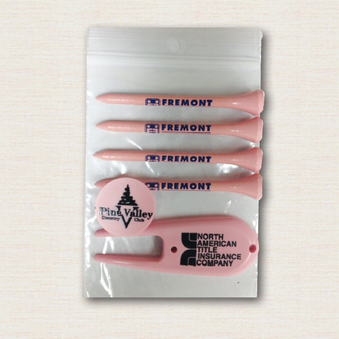 Poly Bag Pack w/ Four Pink 2 3/4" Tees, 1 Pink Marker & 1 Pink Divot Tool 1