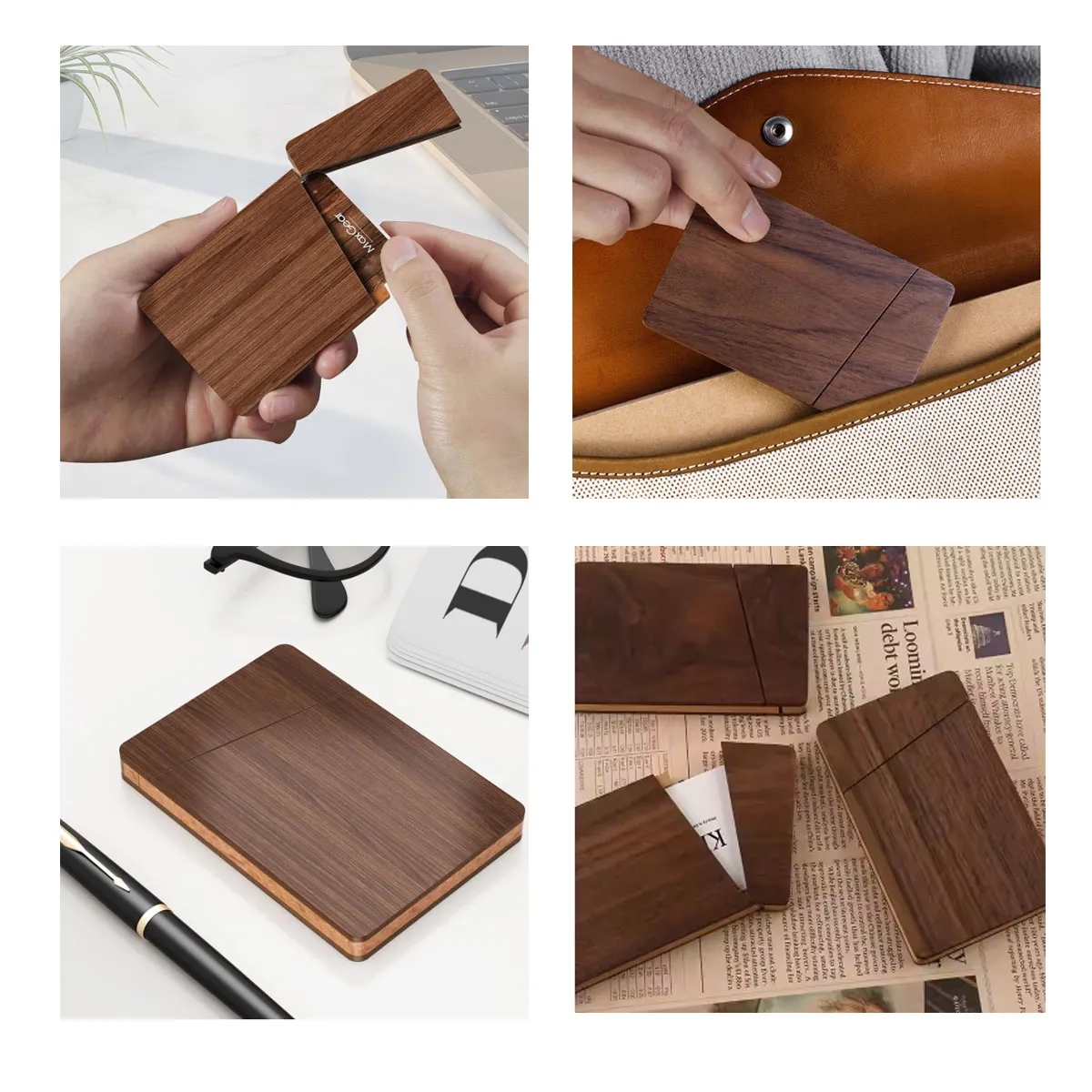 Portable Slim Durable Walnut Wood Business Cards Case Holder 4