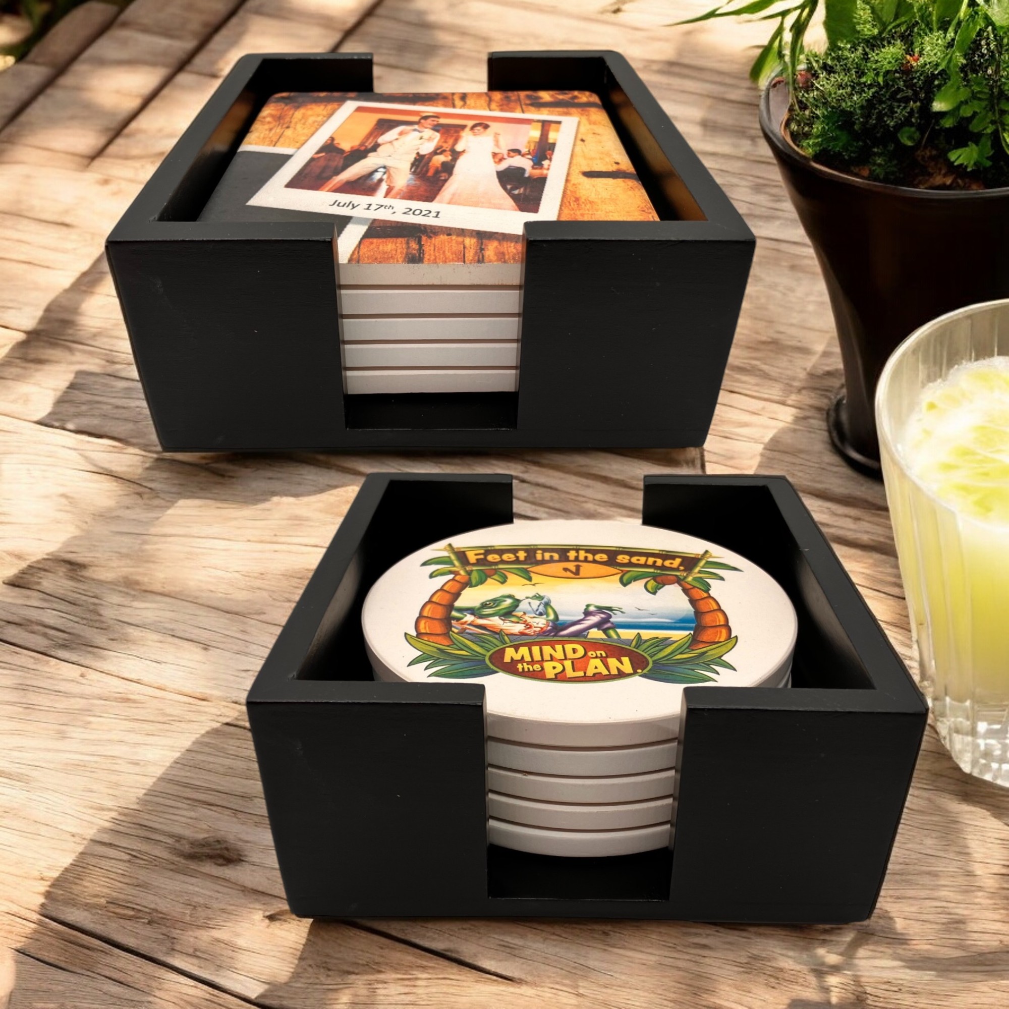 Black Wooden 5 Coaster Holder Sets 2
