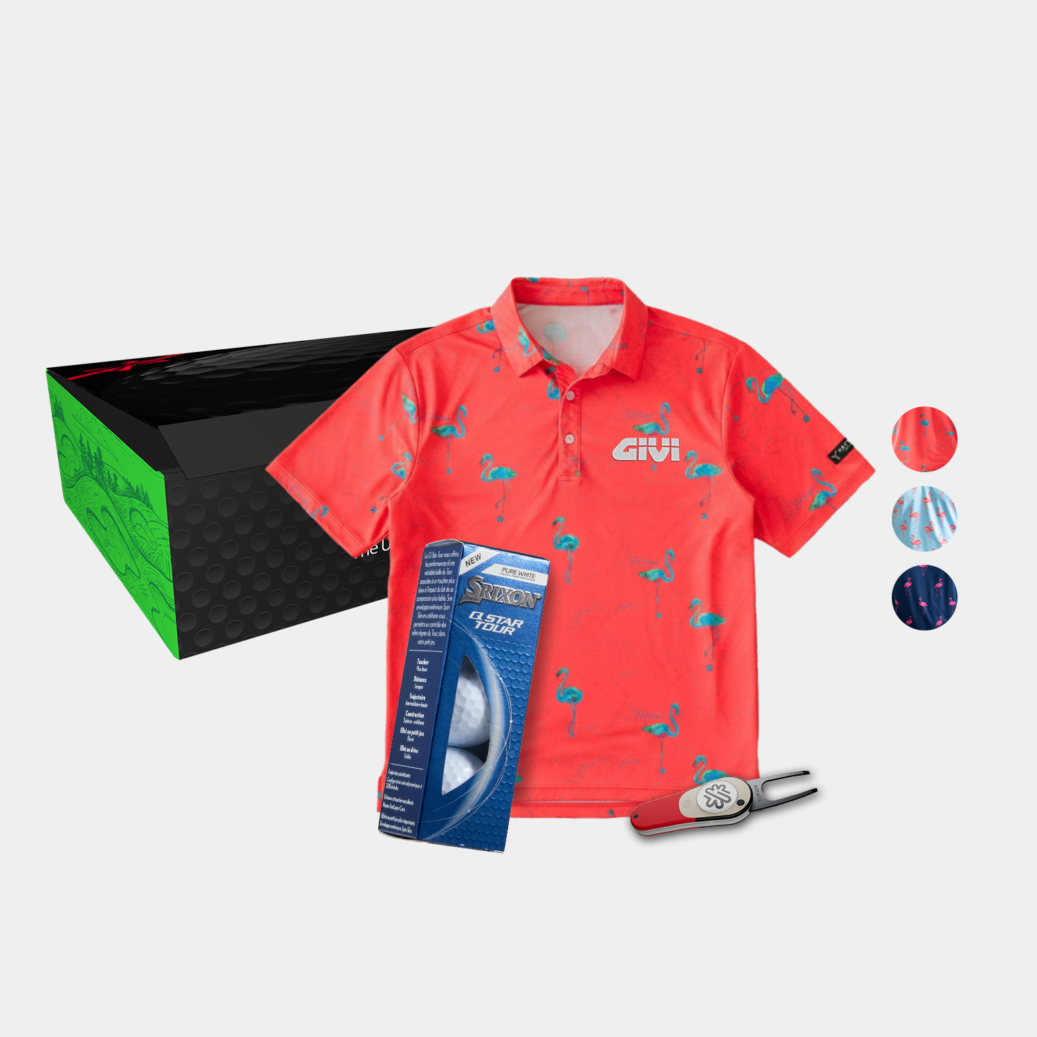 YATTA Golf® Flamingo Men's Polo Shirt, Srixon® Golf Balls & Pitchfix® Icon Divot Tool Gift Set 4