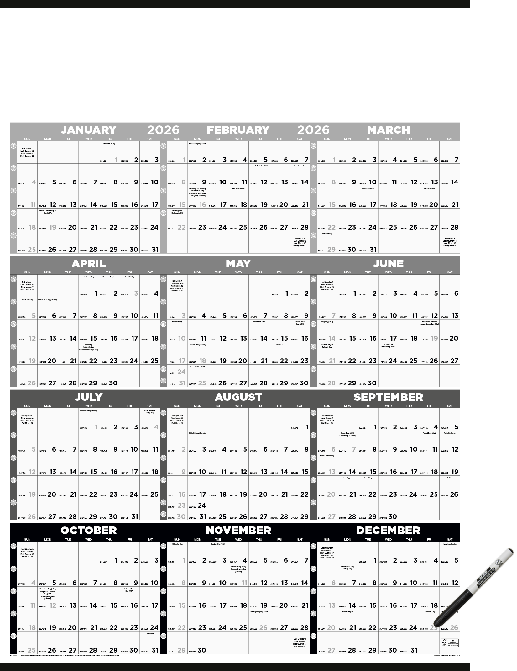 Triumph® Calendars Black & White Time Management Span-A-Year Laminated w/Marker Calendar