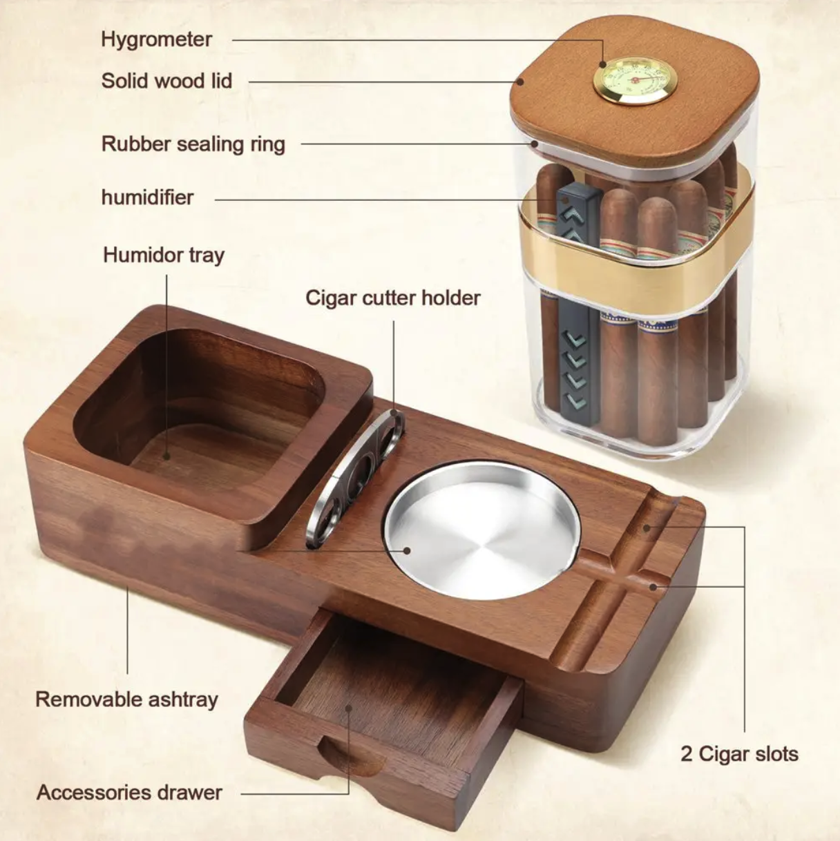 Wooden Cigar Case Humidor Ashtray Set With Cutter Office 4