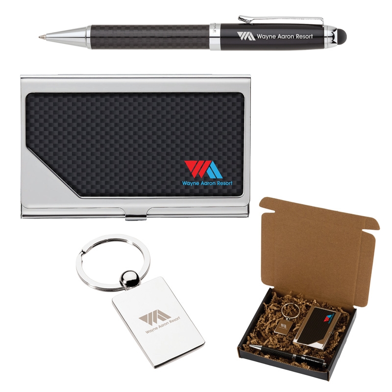 Carbon Fiber  Pen, Business Card Case and Chrome Keyring Set