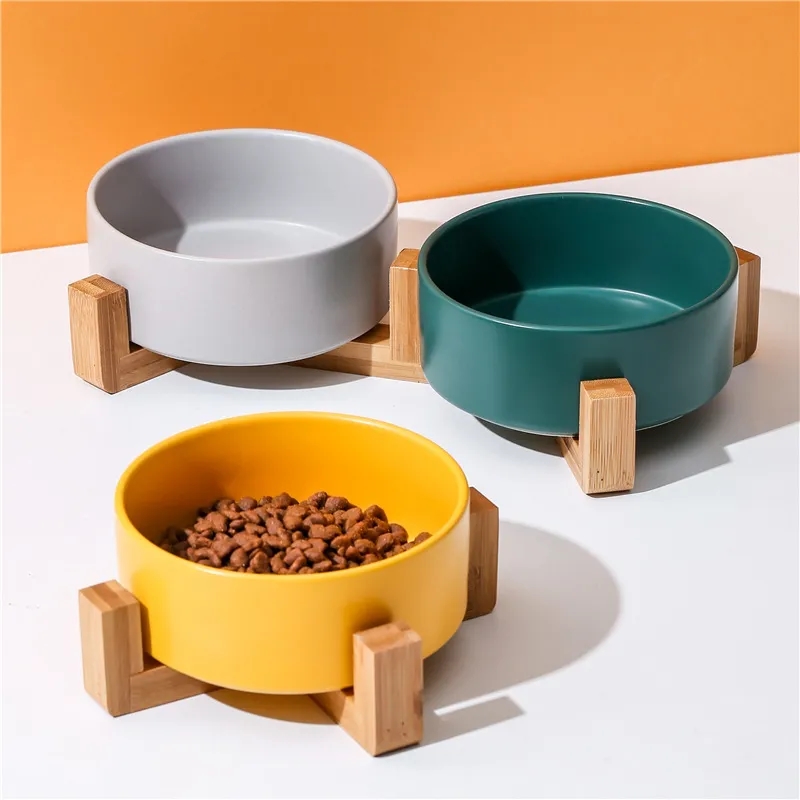 Ceramic Cat Dog Bowl Dish with Wood Stand 8