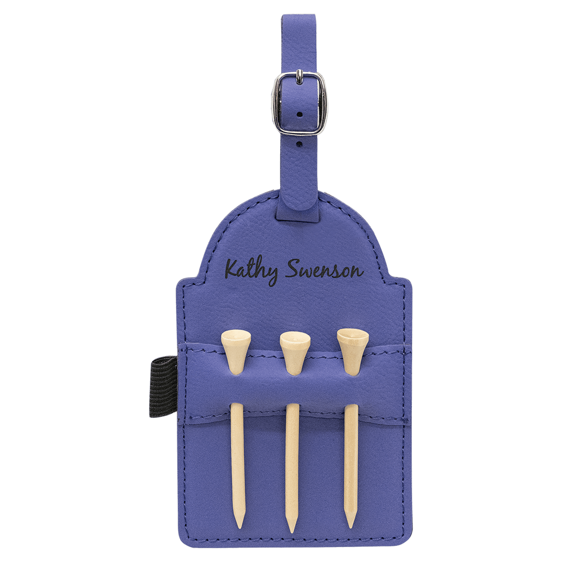 5" x 3 1/4" Purple Leatherette Golf Bag Tag with 3 Wooden Tees 2