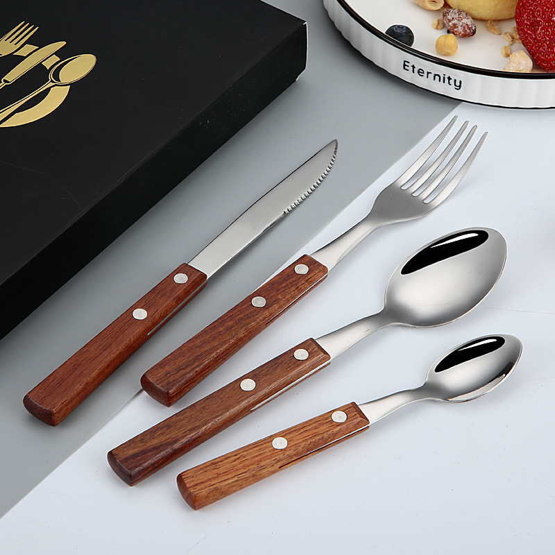 4 pcs Steak Knife Fork Spoon Set Wooden Handle 5