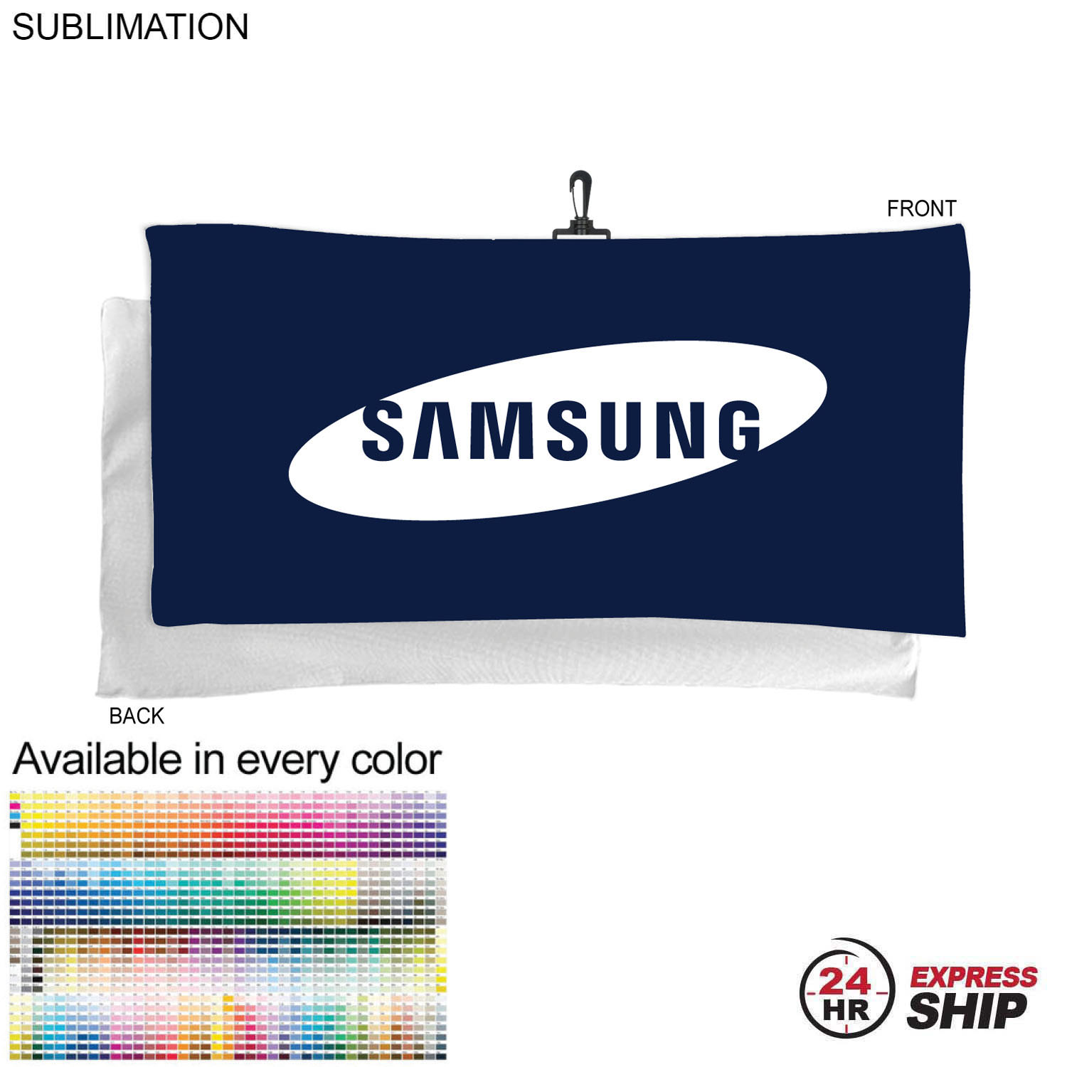 24 Hr Express Ship - Oversized Golf Towel in Microfiber Terry, 20x40, with Black Hook, Sublimated 4