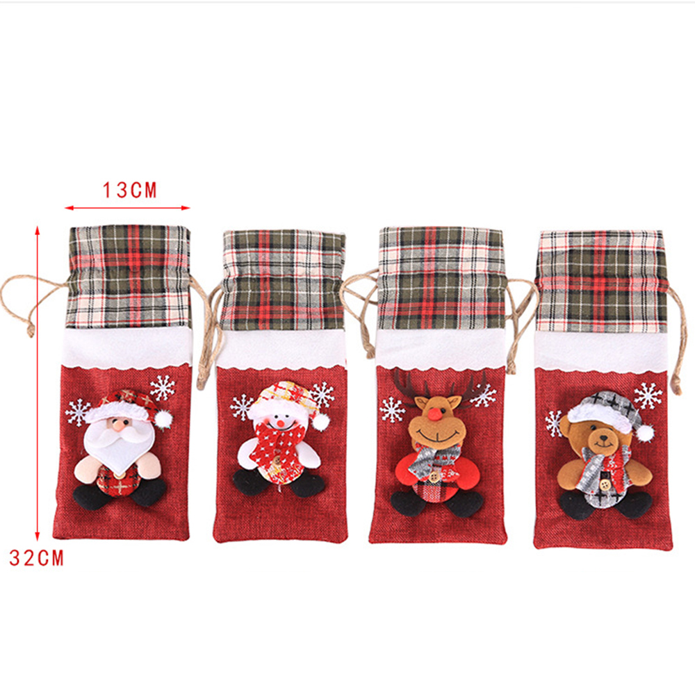 Christmas Wine Bottle Doll Plaid Drawstring Bag 5