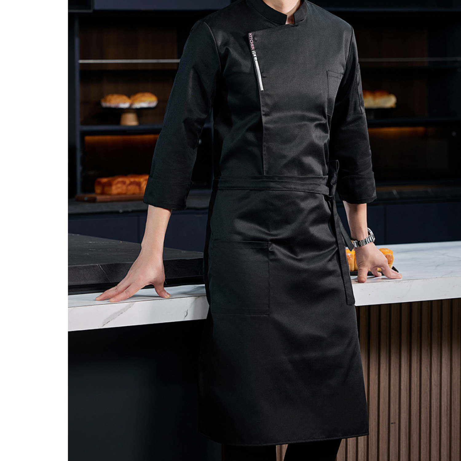 Black White Durable Mix Of Polyester And Cotton Chef Coat 7