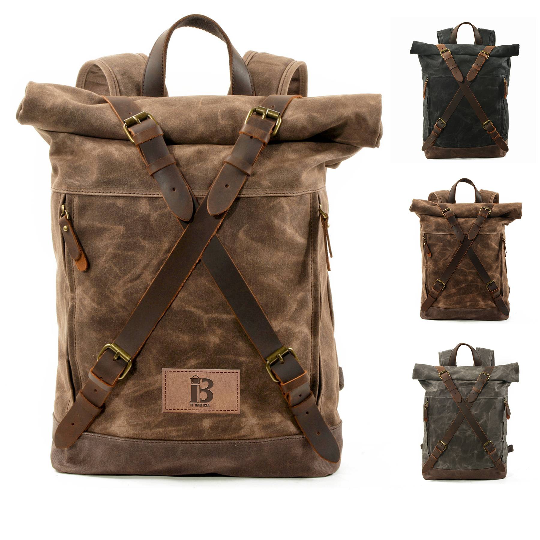 Vintage Canvas Leather Roll On Laptop Backpack Waterproof 1