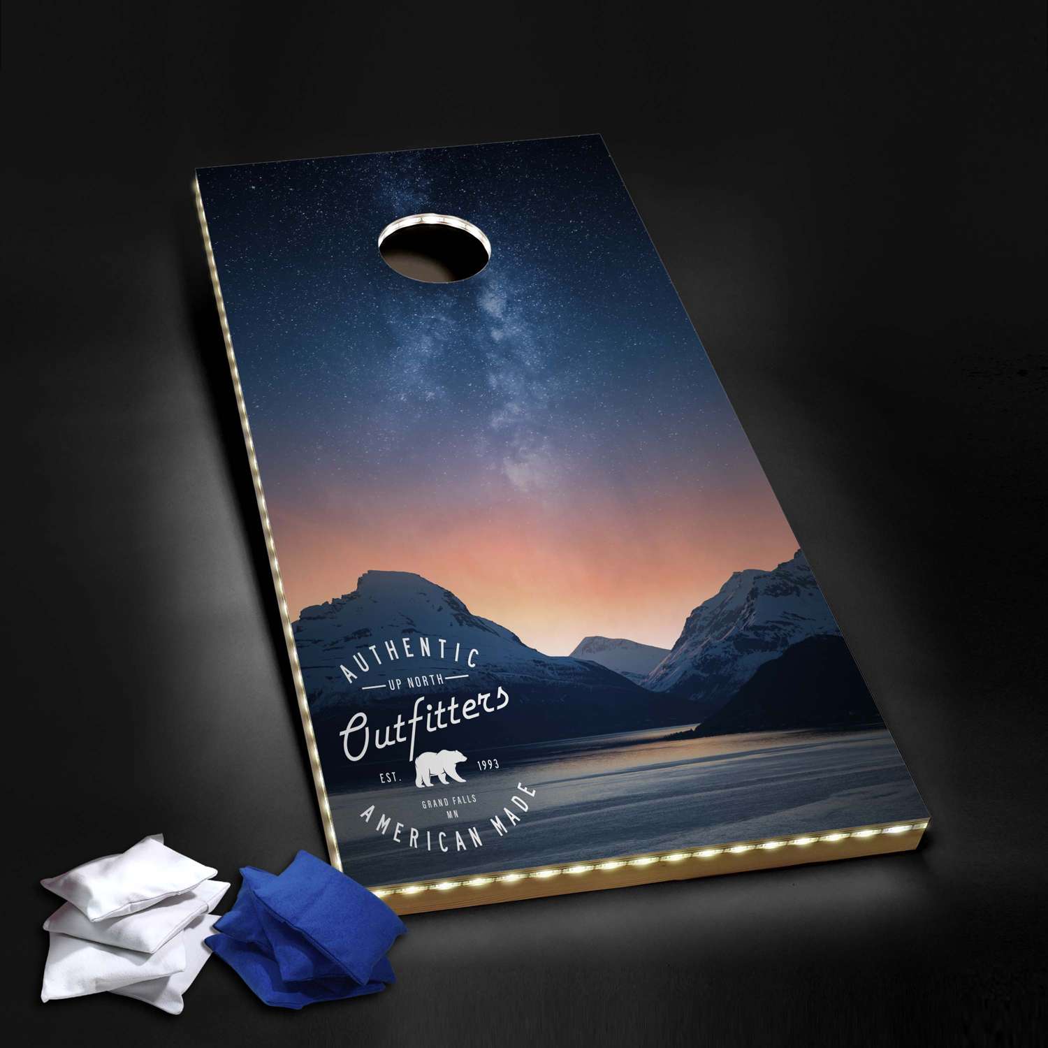 Nighttime Cornhole Plus, 4 Royal & White Bean Bags