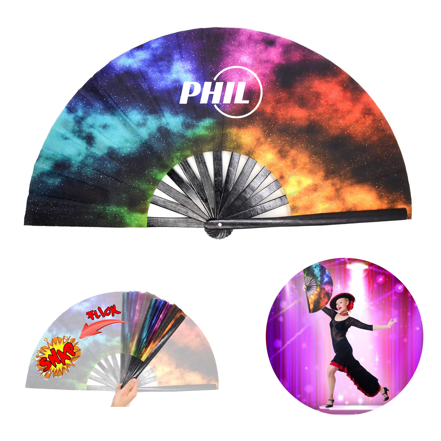 13"/10.6"L Double Sided Imprint Bamboo Ribs Rave Folding Fan 2