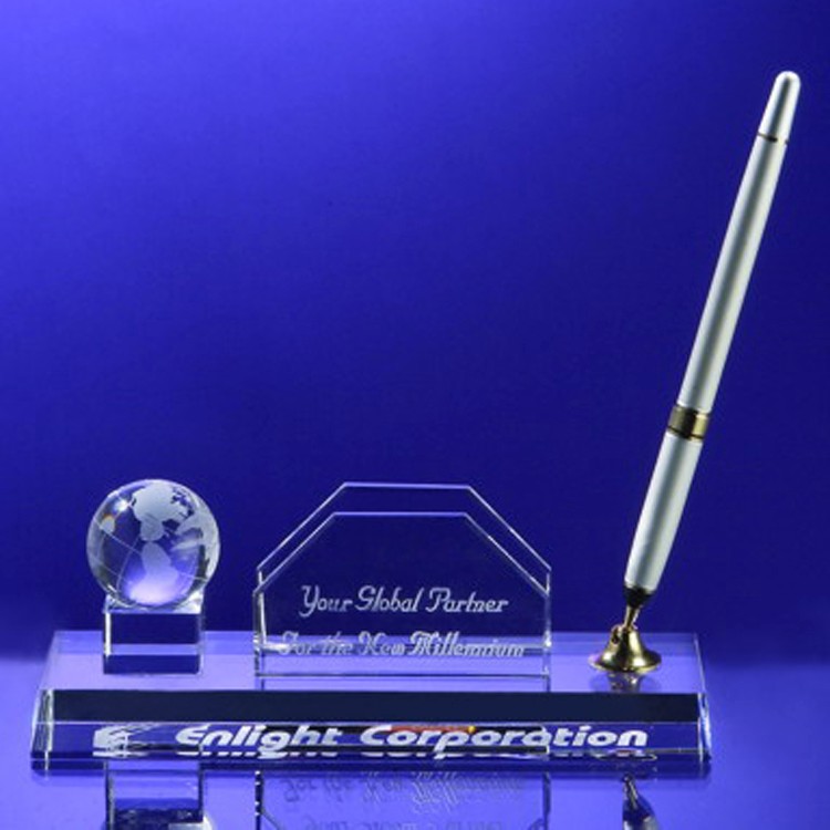 Desktop, Award-Business card holder with Globe Pen Set w/ Silver Ballpoint Pen_D448CA 1